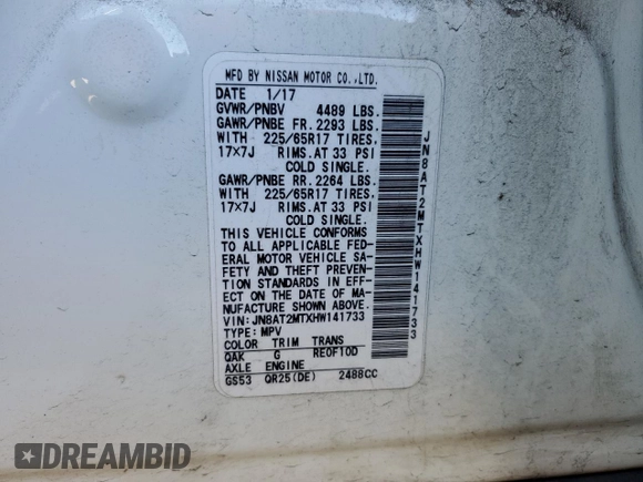 2017 Nissan Rogue SL with VIN JN8AT2MTXHW141733, listed as a Copart auction lot 46871025 with 120,769 mi miles and Salvage Title. Bid and sale history available at DreamBid. Image 13.