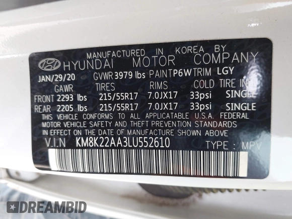 2020 Hyundai Kona SEL with VIN KM8K22AA3LU552610, listed as a IAAI auction lot 42369584 with 37,362 mi miles and . Bid and sale history available at DreamBid. Image 9.