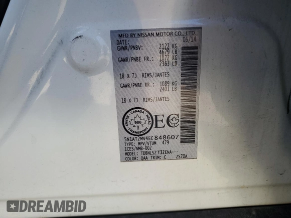 2014 Nissan Rogue SL with VIN 5N1AT2MV4EC848607, listed as a Copart auction lot 84587544 with 193,805 mi miles and Clean Title. Bid and sale history available at carsss.com. Image 14.