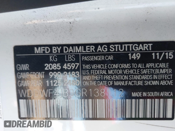2016 Mercedes-Benz C 300 with VIN WDDWF4JB3GR138112, listed as a IAAI auction lot 41851323 with 105,395 mi miles and . Bid and sale history available at carsss.com. Image 9.