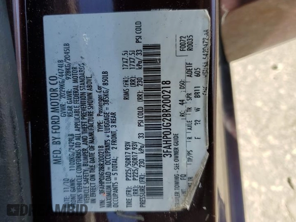 2011 Ford Fusion SEL with VIN 3FAHP0JG2BR200218, listed as a Copart auction lot 49983835 with 130,414 mi miles and Salvage Title. Bid and sale history available at carsss.com. Image 14.
