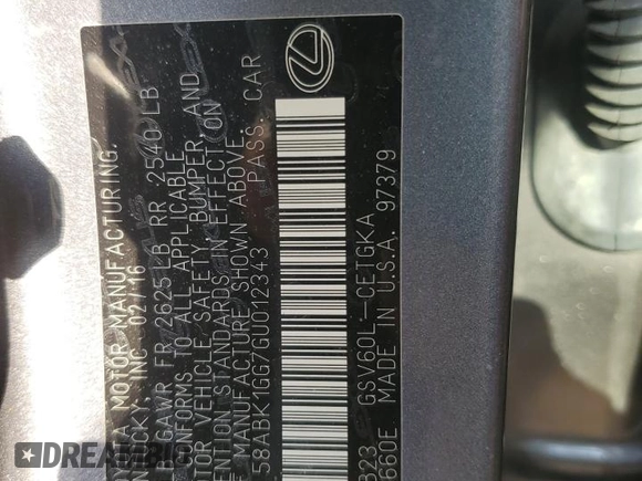 2016 Lexus ES 330 z VIN 58ABK1GG7GU012343, wystawiony jako Copart lot #57049315 z przebiegiem 47 745 mil mil oraz Szkoda całkowita • Salvage title. Historia ofert i sprzedaży dostępna na DreamBid. Obrazek 13.