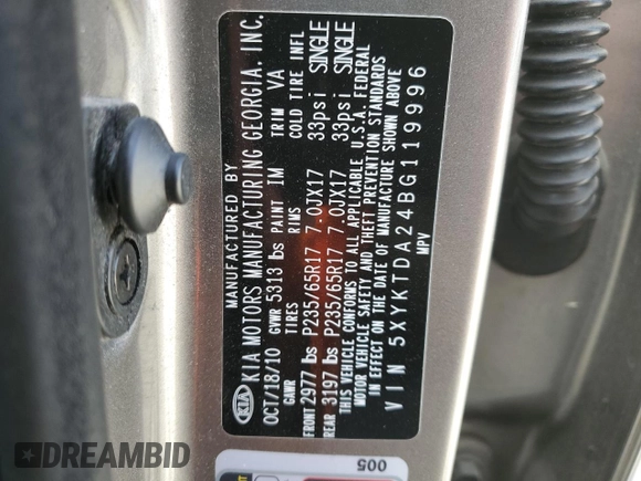 2011 Kia Sorento LX with VIN 5XYKTDA24BG119996, listed as a Copart auction lot 49554495 with 119,993 mi miles and Salvage Title. Bid and sale history available at carsss.com. Image 13.