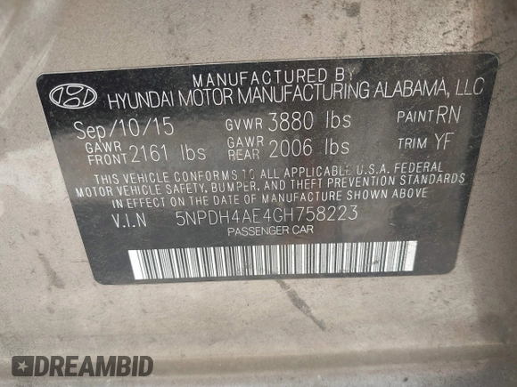 2016 Hyundai Elantra SE with VIN 5NPDH4AE4GH758223, listed as a IAAI auction lot 42576857 with 98,385 mi miles and . Bid and sale history available at DreamBid. Image 9.