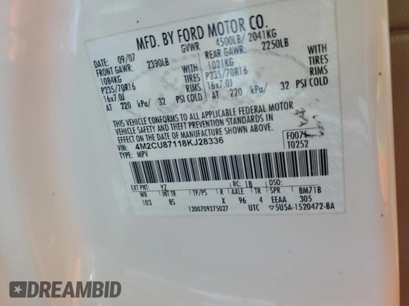 2008 Mercury Mariner Premier z VIN 4M2CU87118KJ28336, wystawiony jako Copart lot #45735155 z przebiegiem 247 541 mil mil oraz Szkoda całkowita • Salvage title. Historia ofert i sprzedaży dostępna na DreamBid. Obrazek 13.