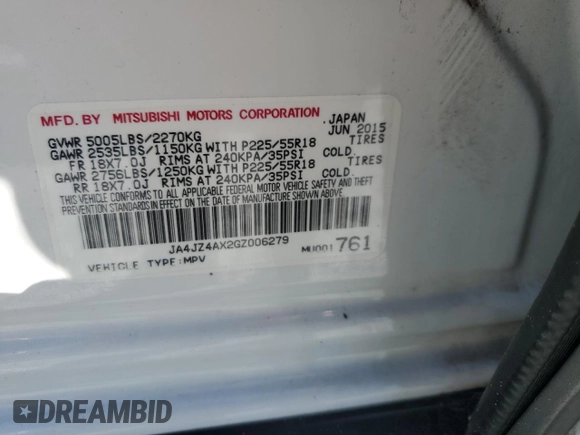 2016 Mitsubishi Outlander GT with VIN JA4JZ4AX2GZ006279, listed as a Copart auction lot 48085325 with 141,794 mi miles and Clean title. Bid and sale history available at DreamBid. Image 13.