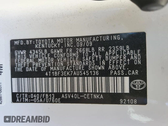 2010 Toyota Camry with VIN 4T1BF3EK7AU545136, listed as a Copart auction lot 54375865 with 165,079 mi miles and Salvage Title. Bid and sale history available at DreamBid. Image 12.