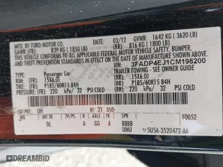 2012 Ford Fiesta SE with VIN 3FADP4EJ1CM198200, listed as a IAAI auction lot 41594167 with 1 mi miles. Bid and sale history available at carsss.com. Image 9.