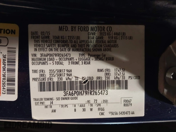2015 Ford Fusion SE with VIN 3FA6P0H79FR265473, listed as a IAAI auction lot 41165720 with 101,451 mi miles and . Bid and sale history available at carsss.com. Image 9.