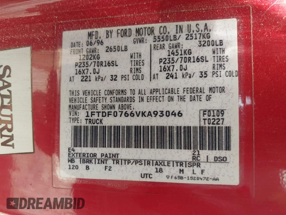 1997 Ford F-150 XL with VIN 1FTDF0766VKA93046, listed as a IAAI auction lot 42609681 with 162,681 mi miles and . Bid and sale history available at DreamBid. Image 9.
