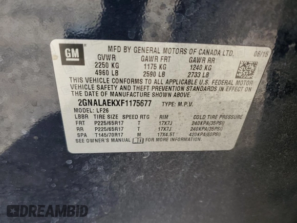 2015 Chevrolet Equinox LS z VIN 2GNALAEKXF1175677, wystawiony jako Copart lot #56540055 z przebiegiem 142 784 mil mil oraz Szkoda całkowita • Salvage title. Historia ofert i sprzedaży dostępna na DreamBid. Obrazek 12.