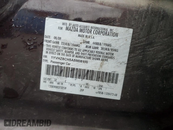 2010 Mazda 6 i Touring Plus with VIN 1YVHZ8CH5A5M08100, listed as a Copart auction lot 85279594 with 179,753 mi miles and Salvage title. Bid and sale history available at DreamBid. Image 12.