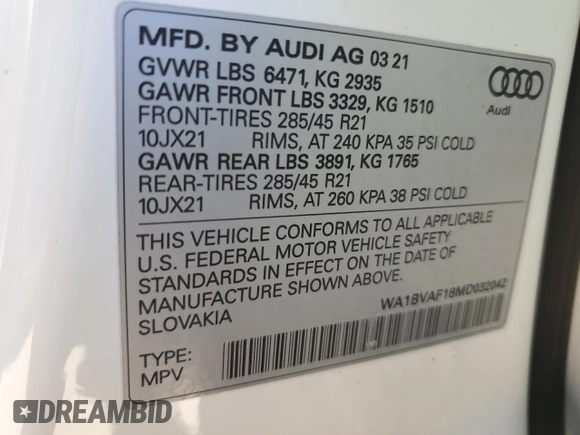 2021 Audi Q8 Premium Plus with VIN WA1BVAF18MD032042, listed as a Copart auction lot 47870175 with 65,764 mi miles and Salvage Title. Bid and sale history available at carsss.com. Image 14.