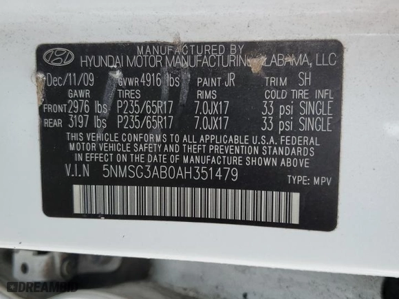2010 Hyundai Santa Fe GLS with VIN 5NMSG3AB0AH351479, listed as a Copart auction lot 45134225 with 120,071 mi miles and Salvage Title. Bid and sale history available at carsss.com. Image 16.