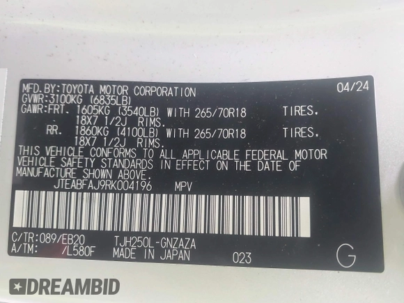 2024 Toyota Land Cruiser z VIN JTEABFAJ9RK004196, wystawiony jako IAAI lot #40875883 z przebiegiem 7 025 mil mil oraz . Historia ofert i sprzedaży dostępna na DreamBid. Obrazek 9.