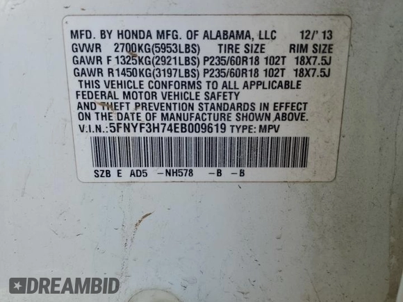 2014 Honda Pilot EX-L with VIN 5FNYF3H74EB009619, listed as a Copart auction lot 52297465 with 193,923 mi miles and Salvage Title. Bid and sale history available at DreamBid. Image 14.