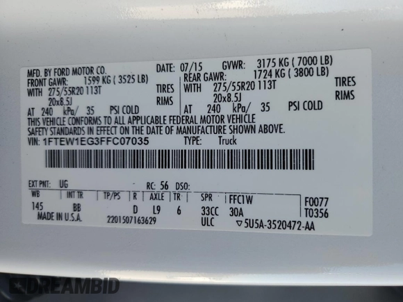 2015 Ford F-150 XLT with VIN 1FTEW1EG3FFC07035, listed as a Copart auction lot 42359845 with 147,817 mi miles and Salvage Title. Bid and sale history available at carsss.com. Image 15.