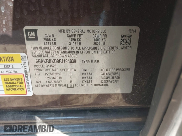 2015 Buick Enclave Leather with VIN 5GAKRBKD9FJ194039, listed as a IAAI auction lot 41750999 with 50,992 mi miles and . Bid and sale history available at DreamBid. Image 9.