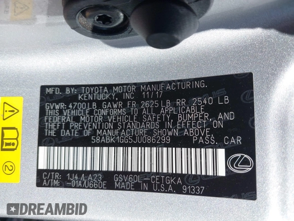 2018 Lexus ES with VIN 58ABK1GG5JU086299, listed as a IAAI auction lot 41636953 with 127,283 mi miles. Bid and sale history available at carsss.com. Image 9.