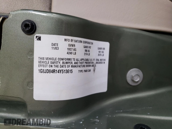 2004 Saturn L L300 2 z VIN 1G8JD84R14Y513615, wystawiony jako Copart lot #72806484 z przebiegiem Nie podano mil oraz Szkoda całkowita • Salvage title. Historia ofert i sprzedaży dostępna na DreamBid. Obrazek 13.