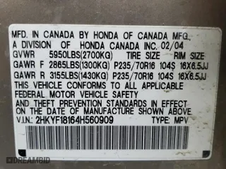 2004 Honda Pilot LX with VIN 2HKYF18164H560909, listed as a Copart auction lot 53088025 with 253,699 mi miles and Clean Title. Bid and sale history available at carsss.com. Image 13.