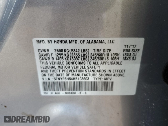 2017 Honda Pilot EX-L with VIN 5FNYF6H54HB103603, listed as a Copart auction lot 52052785 with 117,742 mi miles and Salvage Title. Bid and sale history available at DreamBid. Image 13.