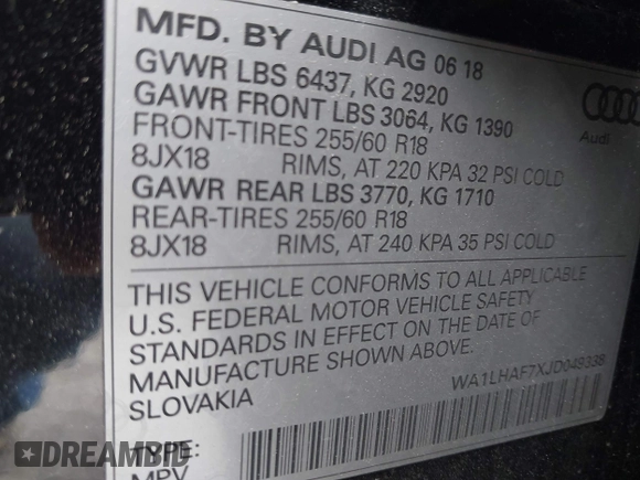 2018 Audi Q7 Premium Plus z VIN WA1LHAF7XJD049338, wystawiony jako IAAI lot #42286676 z przebiegiem 103 462 mil mil oraz . Historia ofert i sprzedaży dostępna na DreamBid. Obrazek 9.