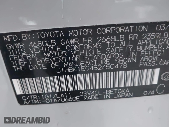 2011 Lexus ES 330 with VIN JTHBK1EG4B2450478, listed as a IAAI auction lot 42407041 with 208,695 mi miles and . Bid and sale history available at DreamBid. Image 9.