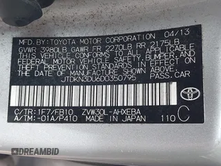 2013 Toyota Prius One with VIN JTDKN3DU6D0350795, listed as a IAAI auction lot 42025416 with 146,043 mi miles. Bid and sale history available at carsss.com. Image 9.