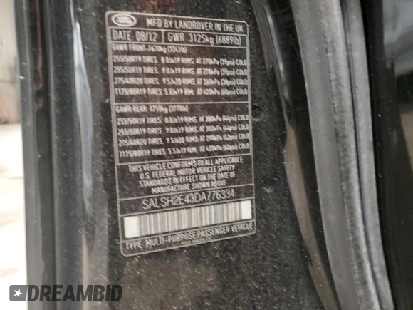 2013 Land Rover Range Rover Sport SC with VIN SALSH2E43DA776334, listed as a Copart auction lot 56938245 with Not provided miles and Salvage title. Bid and sale history available at DreamBid. Image 12.