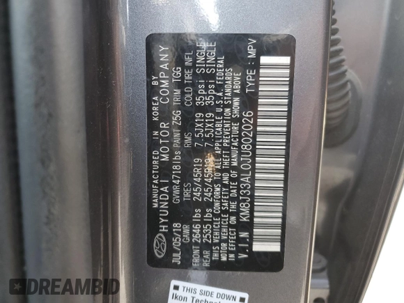 2018 Hyundai Tucson Sport with VIN KM8J33AL0JU802026, listed as a Copart auction lot 45869445 with 124,669 mi miles and Salvage Title. Bid and sale history available at carsss.com. Image 16.