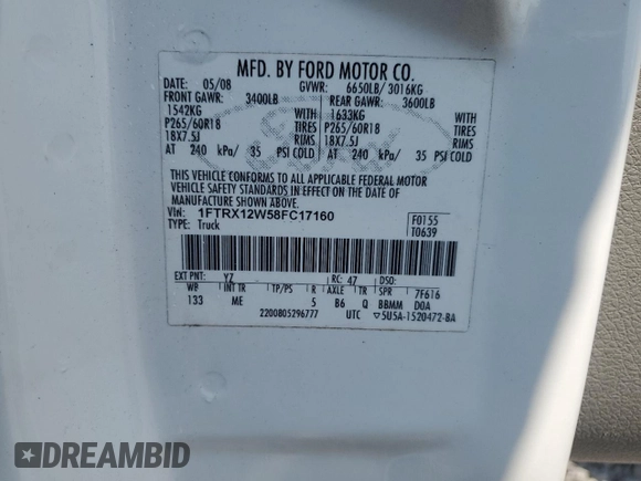 2008 Ford F-150 STX with VIN 1FTRX12W58FC17160, listed as a Copart auction lot 58375045 with 133,976 mi miles and Salvage title. Bid and sale history available at DreamBid. Image 12.
