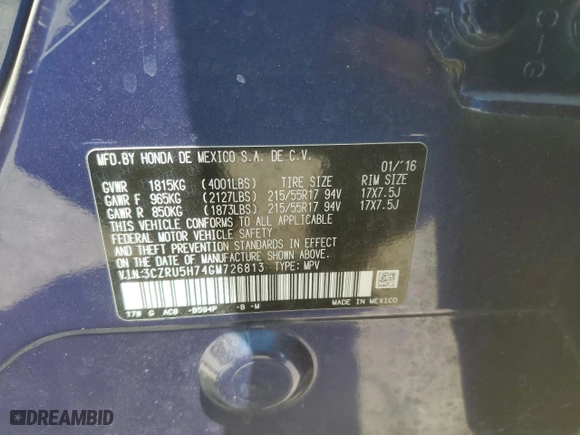 2016 Honda HR-V EX-L w/Navi with VIN 3CZRU5H74GM726813, listed as a Copart auction lot 50419475 with 184,940 mi miles and Salvage Title. Bid and sale history available at carsss.com. Image 13.