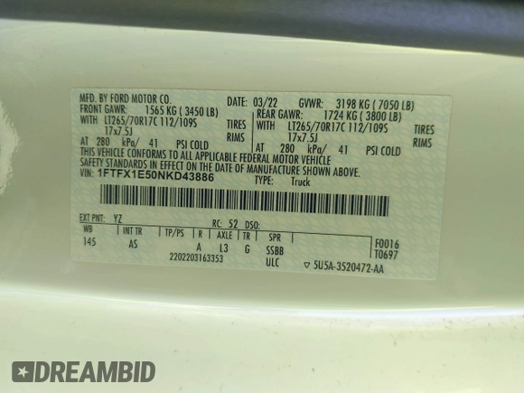 2022 Ford F-150 XL with VIN 1FTFX1E50NKD43886, listed as a IAAI auction lot 42512740 with 76,204 mi miles and . Bid and sale history available at DreamBid. Image 9.