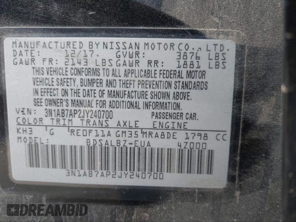 2018 Nissan Sentra SV z VIN 3N1AB7AP2JY240700, wystawiony jako IAAI lot #40207118 z przebiegiem 161 848 mil mil oraz . Historia ofert i sprzedaży dostępna na DreamBid. Obrazek 9.