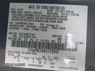 2022 Ford Mustang GT with VIN 1FA6P8CF6N5122947, listed as a IAAI auction lot 41522411 with Not Provided miles and . Bid and sale history available at carsss.com. Image 9.