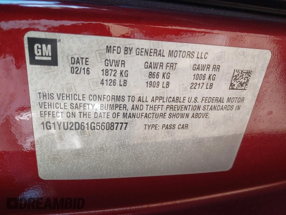 2016 Chevrolet Corvette Z06 3LZ with VIN 1G1YU2D61G5608777, listed as a IAAI auction lot 41830787 with 57,069 mi miles. Bid and sale history available at carsss.com. Image 9.