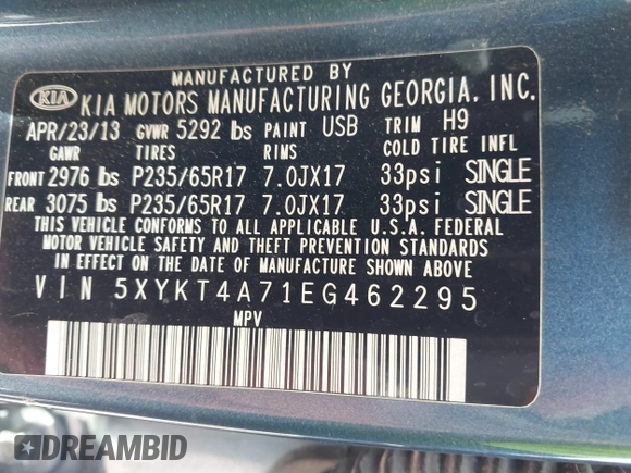 2014 Kia Sorento LX with VIN 5XYKT4A71EG462295, listed as a IAAI auction lot 41508742 with 144,234 mi miles and . Bid and sale history available at carsss.com. Image 9.