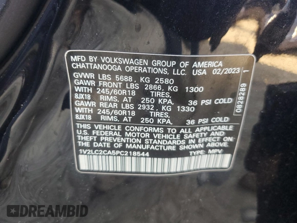 2023 Volkswagen Atlas SE с VIN 1V2LC2CA5PC218544, выставлен на аукционе Copart как лот 85970854 с пробегом Не указан миль и Списание • Salvage title. История ставок и продаж доступна на DreamBid. Изображение 15.