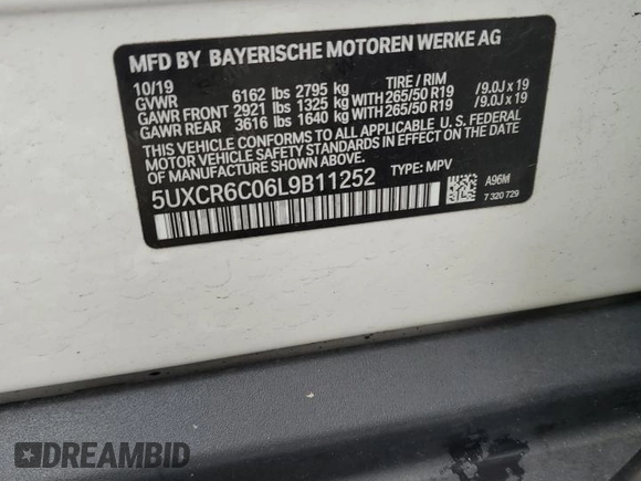 2020 BMW X5 xDrive40i with VIN 5UXCR6C06L9B11252, listed as a Copart auction lot 59634655 with Not provided miles and Salvage title. Bid and sale history available at DreamBid. Image 13.