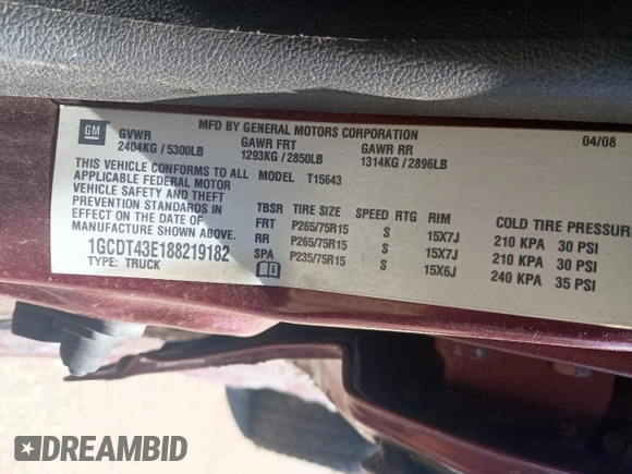 2008 Chevrolet Colorado z VIN 1GCDT43E188219182, wystawiony jako Copart lot #54735315 z przebiegiem 140 622 mil mil oraz Czysty tytuł • Clean title. Historia ofert i sprzedaży dostępna na DreamBid. Obrazek 10.