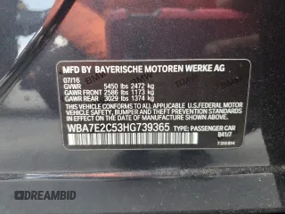 2017 BMW 7 Series 740i with VIN WBA7E2C53HG739365, listed as a Copart auction lot 58234325 with Not provided miles and Salvage title. Bid and sale history available at DreamBid. Image 12.