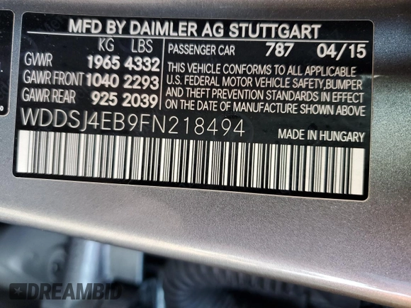2015 Mercedes-Benz CLA 250 with VIN WDDSJ4EB9FN218494, listed as a Copart auction lot 37225734 with 64,709 mi miles and . Bid and sale history available at DreamBid. Image 12.