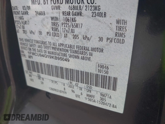 2009 Ford Escape Limited с VIN 1FMCU94G19KB95049, выставлен на аукционе IAAI как лот 42447057 с пробегом 201 258 миль миль и . История ставок и продаж доступна на DreamBid. Изображение 9.