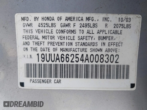 2004 Acura TL with VIN 19UUA66254A008302, listed as a IAAI auction lot 41997802 with 208,612 mi miles. Bid and sale history available at carsss.com. Image 9.