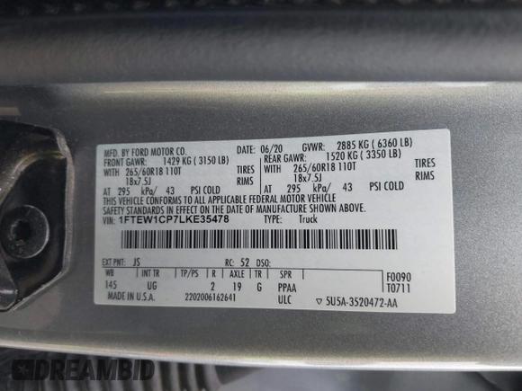 2020 Ford F-150 XL z VIN 1FTEW1CP7LKE35478, wystawiony jako IAAI lot #41604903 z przebiegiem 59 483 mil mil oraz . Historia ofert i sprzedaży dostępna na DreamBid. Obrazek 9.