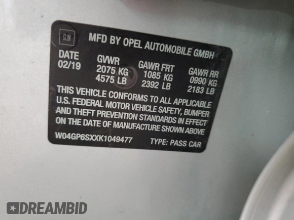 2019 Buick Regal Essence with VIN W04GP6SXXK1049477, listed as a Copart auction lot 59108085 with 97,483 mi miles and Salvage title. Bid and sale history available at DreamBid. Image 12.