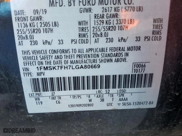 2020 Ford Explorer Limited with VIN 1FMSK7FH7LGA80669, listed as a Copart auction lot 47312555 with 75,063 mi miles and Salvage Title. Bid and sale history available at carsss.com. Image 13.