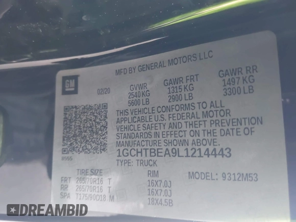 2020 Chevrolet Colorado 4WD Work Truck with VIN 1GCHTBEA9L1214443, listed as a IAAI auction lot 41563832 with 76,099 mi miles and . Bid and sale history available at DreamBid. Image 9.