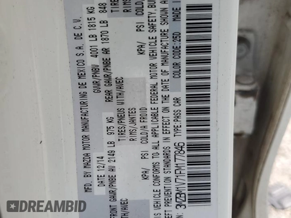 2015 Mazda 3 i Touring with VIN 3MZBM1V71FM177846, listed as a Copart auction lot 58368905 with 93,978 mi miles and Salvage title. Bid and sale history available at DreamBid. Image 12.